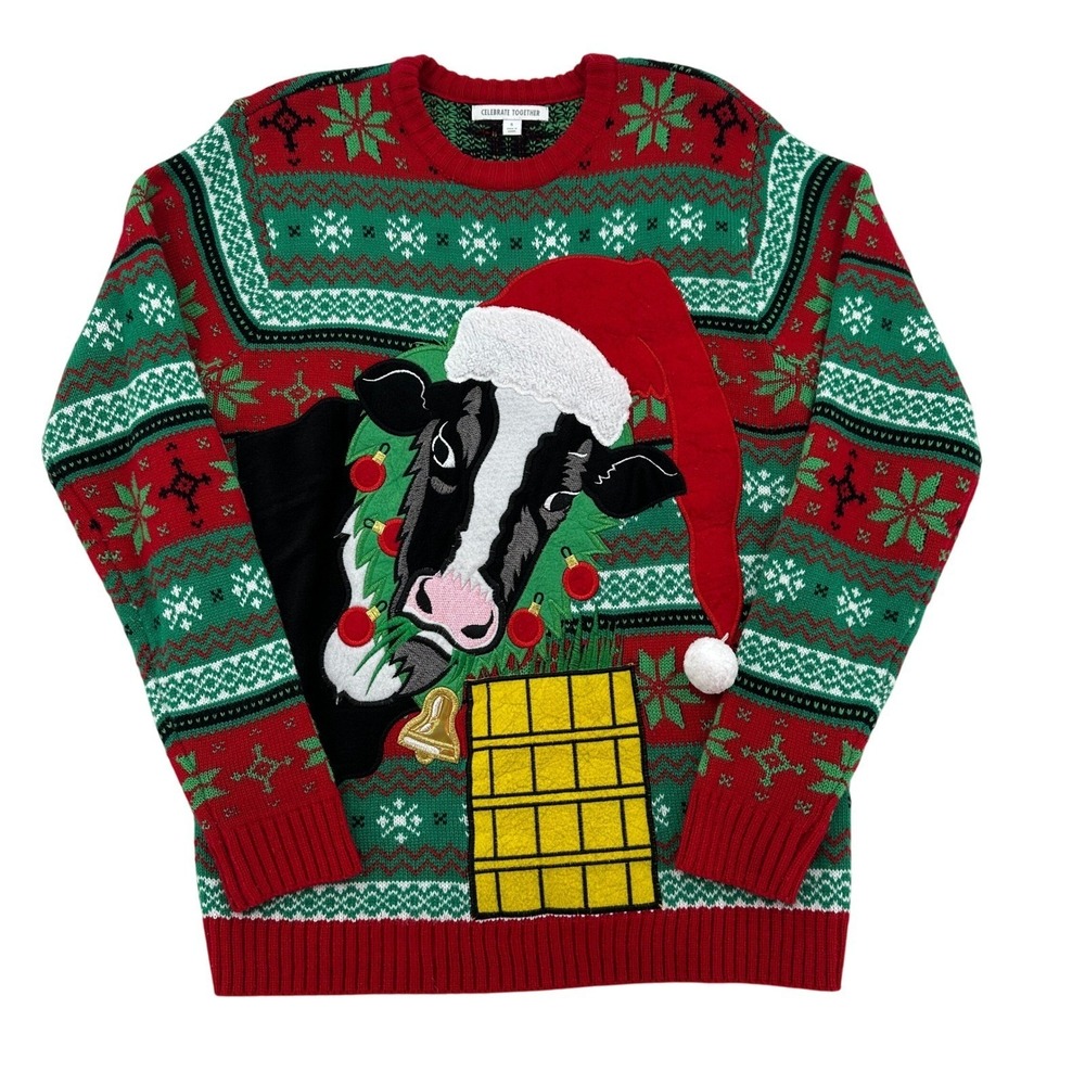 Celebrate Together Ugly Sweater Women's Small Christmas Cow Santa Hat Pocket
